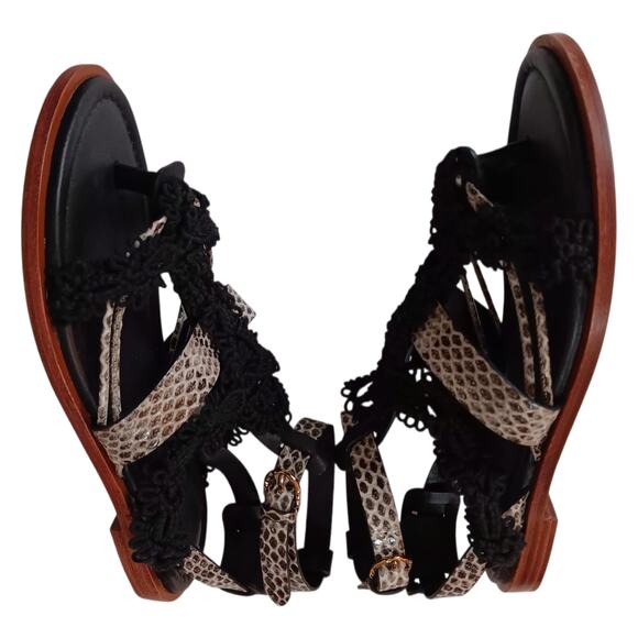 ULLA JOHNSON Petra Sandals Raven 6/36 Flats Black Snake Print Strappy Macramé - Picture 3 of 10